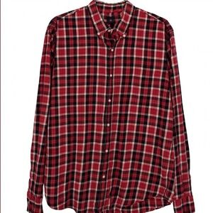 J Crew Factory Mens XL Brushed Cotton Shirt Red‎ Navy Plaid Soft Classic